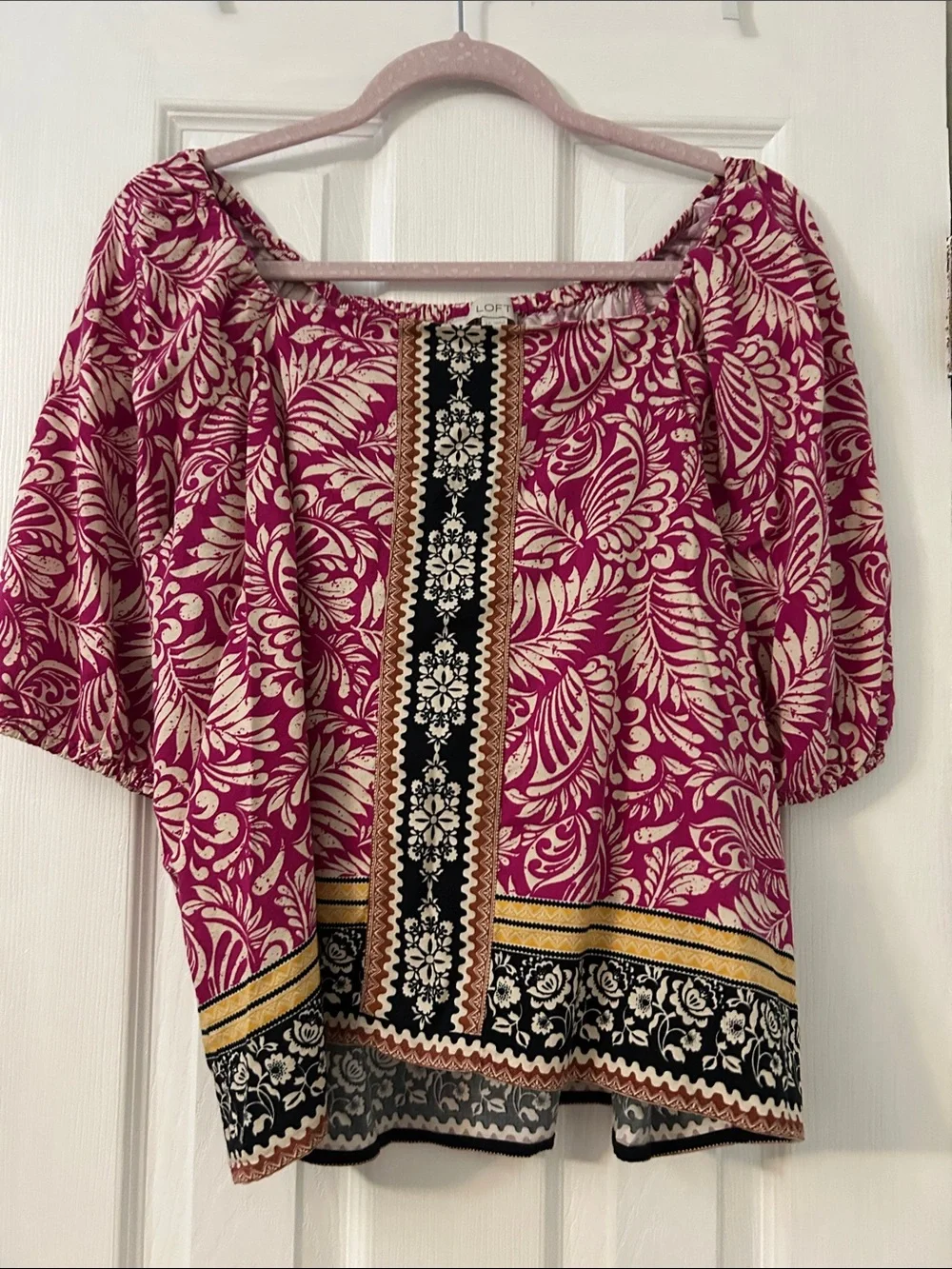LOFT Magenta Floral Peasant Top with Embroidered Center Panel